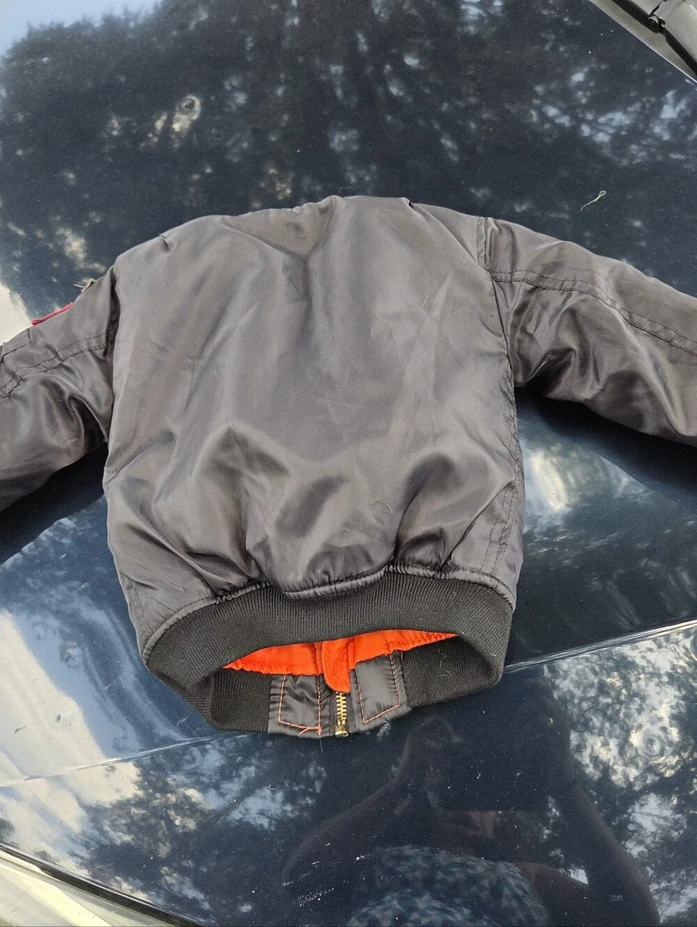 Black Bomber Jacket w/Orange Lining & Patch Details - No Size Tag, Use Measrmts